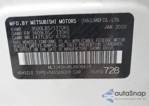 2020 Mitsubishi Mirage Es/Se from USA, damaged, VIN ML32A3HJ6LH006429